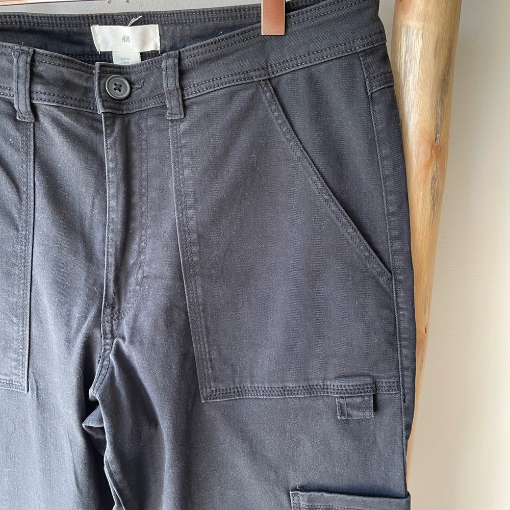 H&M Black Straight Leg Twill Cotton Carpenter Cargo Casual Pants 8 - Picture 3 of 7